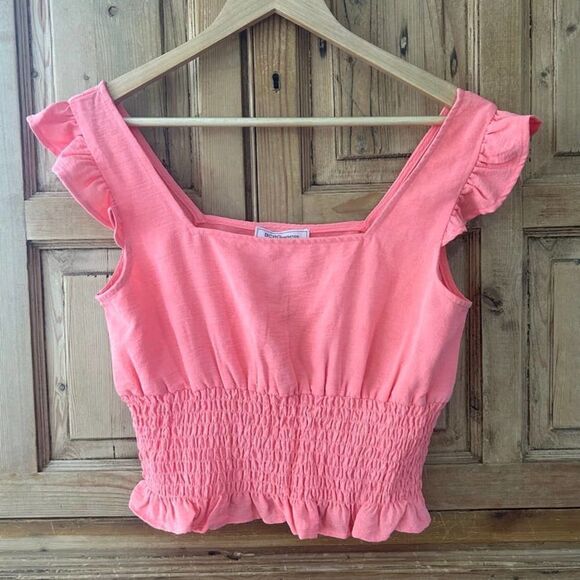 BCBGeneration Small Coral Pink Cropped Smocked Blouse Top Square Neck NWT New‎ - Picture 1 of 10